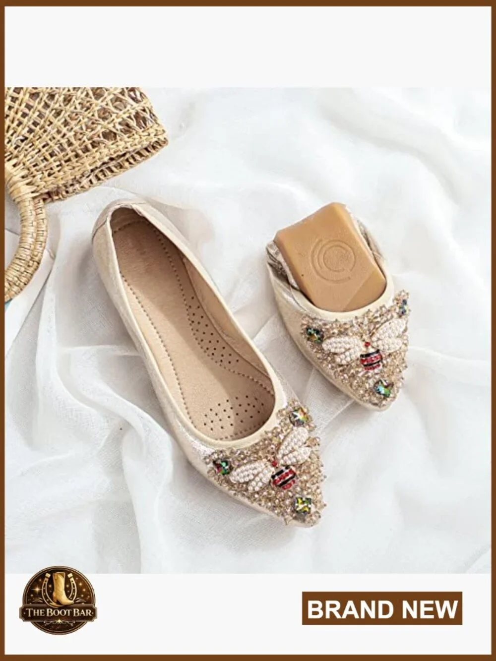 Rhinestone Ballet Flats Foldable Comfort Slip On Wedding Shoes Sparkly Pointed